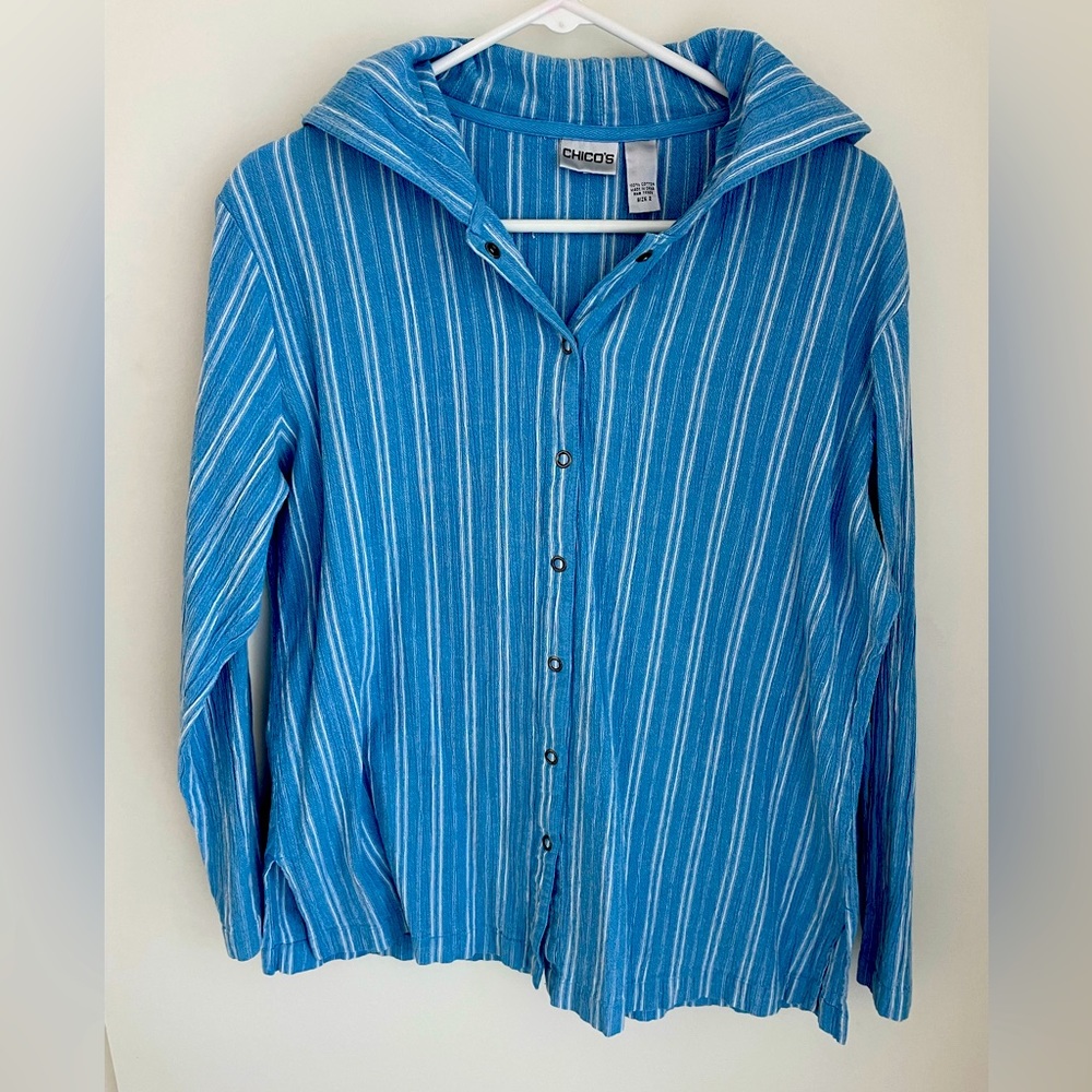 CHICO’S Blue striped Hooded snap front button down Longsleeve shirt size 2